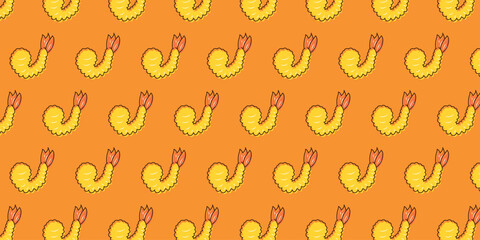 Seamless pattern of delicious fried shrimp on an orange background, perfect for food-themed designs and culinary presentations