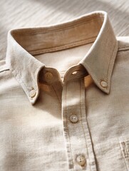 A detailed view of a light beige button-up shirt collar, showcasing fabric texture and buttons. Ideal for fashion and textile presentations.