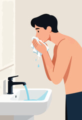 Person wiping face with towel at sink with running water