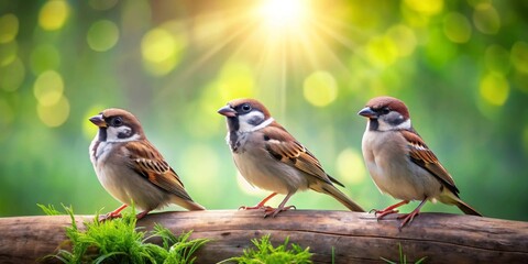 A trio of small brown birds perched serenely on a mossy log bathed in golden sunlight