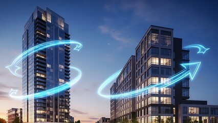 Futuristic data flow visualizes connectivity between two modern city buildings at night. 1031 Exchange for commercial real estate