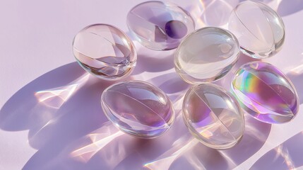 Colorful glass orbs arranged on a light surface during daylight