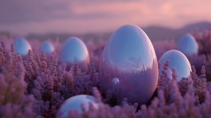 Colorful eggs nestled in purple flowers at sunset in open field