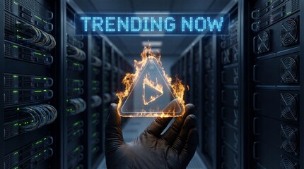 Trending now symbol with flames in server room