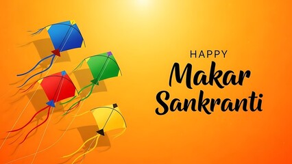 Colorful kites flying against an orange background with Happy Makar Sankranti text
