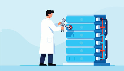 Technician in lab coat uses wrench on server rack with blue and white accents