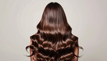 Back View Of A Woman With Long Wavy Brunette Hair Illuminated By Soft Studio Lighting Against A Light Neutral Background