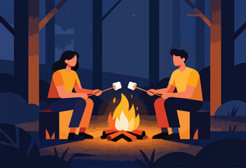 Couple roasts marshmallows over campfire in forest at night