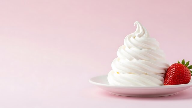 Light and airy meringue swirl or whipped cream served with a fresh ripe strawberry on a white plate against a pink background