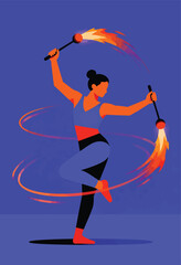 Woman twirling fiery poi sticks in a dynamic dance