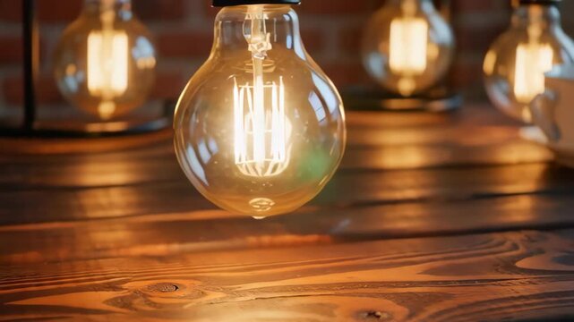 Close-up of vintage light bulbs glowing warmly on a rustic wooden table, creating a cozy atmosphere with subtle reflections