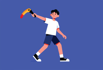 A young boy in casual clothes throws a boomerang with a toucan's beak design