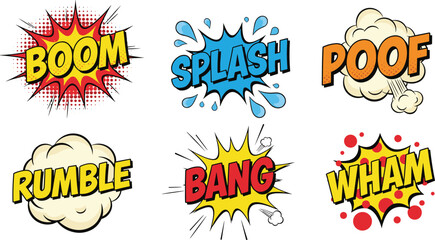Colorful comic sound effect words boom splash poof bang wham rumble pop art cartoon explosion stickers set illustration design
