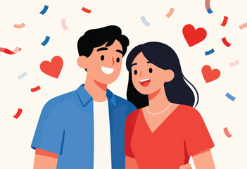 Joyful couple celebrating, surrounded by falling confetti and red hearts