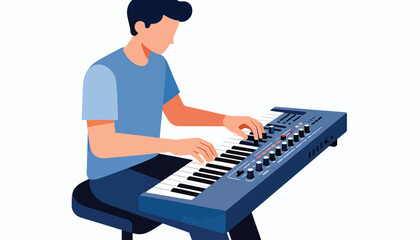 Person sitting and playing a synthesizer with multiple controls