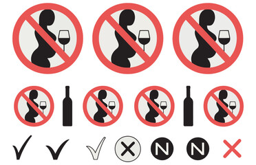 Pregnant woman prohibition symbol alcohol drink wine no alcohol signs vector
