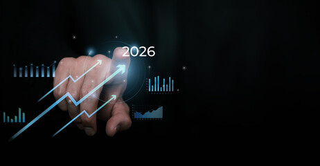 Business growth and analytics concept with human hand touching virtual interface, upward arrows and data charts representing performance analysis, strategic planning and future forecast for 2026.
