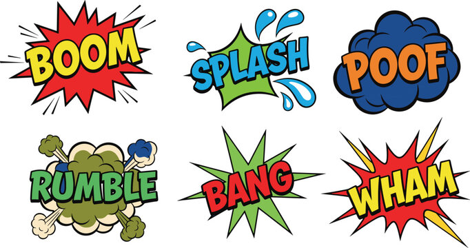 Colorful comic sound effect words boom splash poof rumble bang wham pop art cartoon explosion sticker illustration set