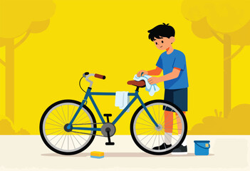 Young boy cleaning his blue bicycle with a white cloth outdoors
