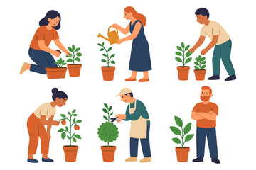 People engaging in gardening activities with potted plants
