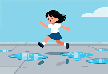 A girl joyfully splashes through puddles on a sunny day after rain