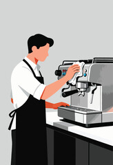 A person in an apron cleans an espresso machine