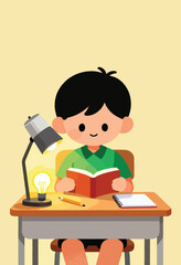 A child sits at a desk, reading a book with a lamp and pencil