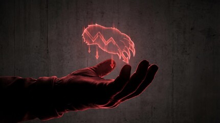 Hand holding red brain with declining graph lines