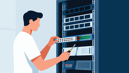 Person installing network hardware in a server rack with a screwdriver