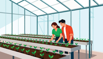 Couple tending rows of young plants inside a modern greenhouse structure