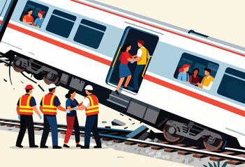 Train crash scene with rescuers aiding passengers from derailed carriage