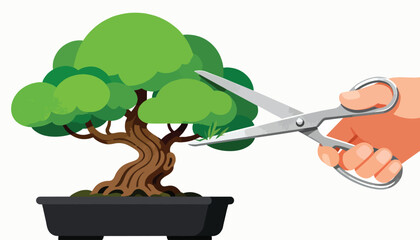 Hand holds scissors to trim a stylized green bonsai tree
