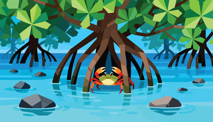 A cheerful crab peeks out from beneath the roots of a mangrove tree in shallow blue water