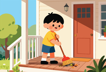 Cheerful child sweeps leaves from porch, enjoying a sunny day
