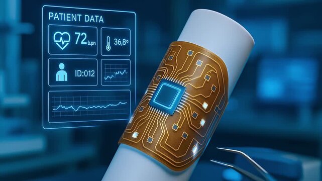 Wearable sensor device on arm displaying patient data with heart rate, temperature, and health monitoring in advanced medical technology and health tracking system