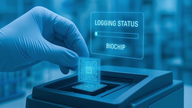 Futuristic hand glove inserting biochip into high tech device with hologram display showing logging status symbolizing advanced technology data processing circuit in clinical laboratory setting