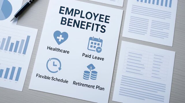Employee benefit healthcare paid leave flexible schedule retirement plan document icons on paper surrounded by business charts reports and documents showing workplace advantages and support