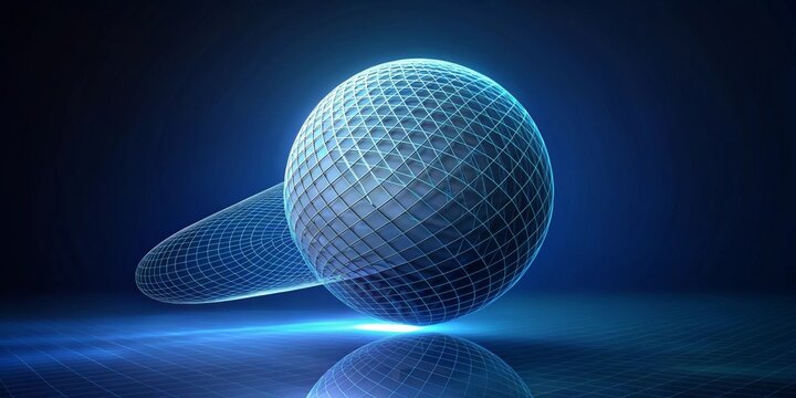 Abstract digital sphere and ellipsoid design with wireframe grid, futuristic technology concept