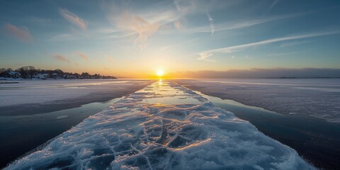Sunset over shelf ice in a Dutch village close to Amsterdam, highlighting climate impact and natural scenery