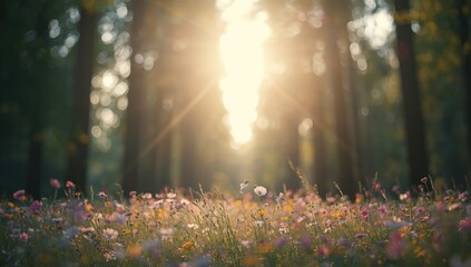 Natural bokeh scene featuring flowers and trees, ideal for use as a background in editorial layouts, Earth Day