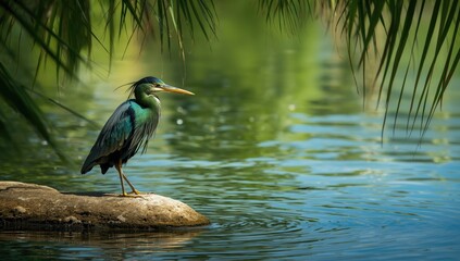 Green Heron perched over water, highlighting wildlife feeding activity