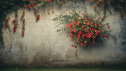 Vintage cement surface decorated with blooming flowers, suitable for editorial header backgrounds, Earth Day