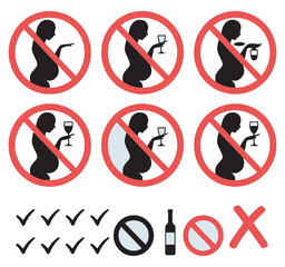 Pregnant woman alcohol prohibition icons set with no drinking wine warning