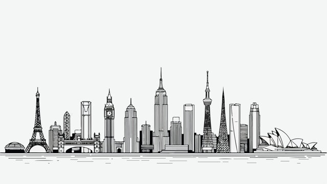 Linear collection of global world landmarks and famous city silhouettes sketch