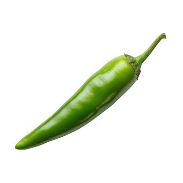 A vibrant green chili pepper with a slightly curved shape and a pointed tip isolated on transparent background