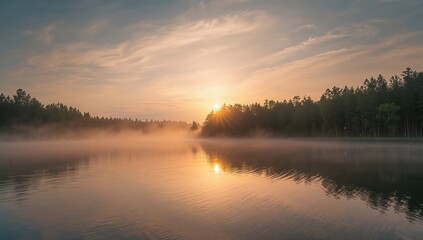 Sunrise over a quiet lakeside with warm water, cooler air, and drifting fog, capturing peaceful early morning atmosphere