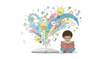 International Education Day Creative Illustration of Child Reading Book with Imagination and Learning Icons
