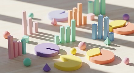 Colorful pastel geometric shapes representing data visualization and statistics, arranged on a wooden surface with sunlight