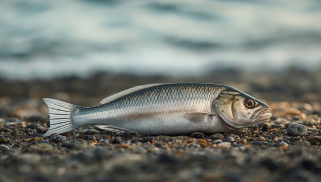 Rocky shoreline with a flathead silverside mullet in macro detail, focusing on natural habitat features