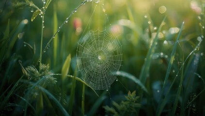 Dew droplets on a spider web amid grass blades, highlighting water and light reflections in a summer setting